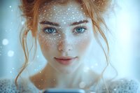 Young Caucasian woman with freckles and blue eyes surrounded by magical sparkling lights and bokeh effects for fantasy portrait concepts.