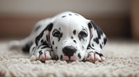 Adorable Dalmatian puppy lying on beige carpet with spotted black and white coat, looking directly at camera with expressive eyes and distinctive spotted nose.