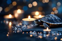 Small turtle figurine on dark reflective surface with glowing candles and crystal decorations creating magical atmosphere with bokeh lights in background.