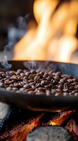 Fresh coffee beans roasting in pan over open flame with rising smoke and orange fire, dramatic lighting captures artisanal coffee-making process.