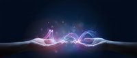 Two hands touching with glowing neon energy waves flowing between them, representing connection, technology, and digital communication for web and design projects.