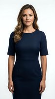 Young woman with long brown wavy hair and fair complexion wearing a navy blue fitted dress with short sleeves, isolated on white background for portrait and professional use.