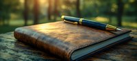 Vintage leather journal and fountain pen on wooden surface in golden sunlight with bokeh background, capturing nostalgic writing atmosphere for creative inspiration.