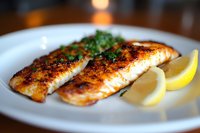 Grilled salmon fillets with crispy seasoned crust, fresh herbs and lemon wedges served on white plate. Close up view of seafood dinner with selective focus.