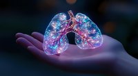 Glowing translucent human lungs with illuminated bronchial tree in purple and blue colors resting on open palm against dark background, medical visualization concept.