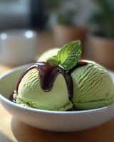Green tea matcha ice cream scoops with chocolate sauce and fresh mint leaf garnish in white bowl on wooden table for dessert menu and culinary photography.