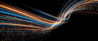 Dynamic flowing light trails with orange and blue streaks creating elegant wave motion against black background for modern digital design projects.