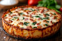 Homemade savory cheesecake with melted mozzarella, spinach and ham on wooden surface, close up view of baked golden crust and creamy texture.