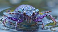 Vibrant purple and blue crab in water with detailed macro photography showing intricate patterns and textures on shell and legs. Nature wildlife close-up on reflective surface.