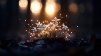 Magical glowing flowers in dark forest with bokeh lights and sparkles creating mystical nature atmosphere at night, fantasy garden scene with luminous blooms.
