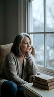 Mature woman with long gray hair sitting by rainy window, wearing beige cardigan, resting chin on hand near stack of books, contemplative mood for lifestyle and wellness content.
