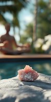 Raw pink Himalayan salt crystal on stone near swimming pool with blurred meditation silhouette in background, wellness and spa concept.