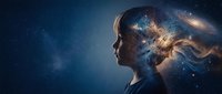 Young woman profile with cosmic galaxy brain explosion representing creativity, imagination and infinite possibilities in deep blue space background.