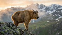 Highland yak standing on rocky mountain ledge during golden hour sunrise with snow-capped peaks and dramatic alpine landscape in background.