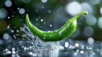Fresh green chili pepper splashing in water with dynamic droplets against blurred background for culinary and cooking concepts.