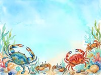 Watercolor underwater ocean scene with colorful crabs, seaweed and marine life creating decorative border frame on light blue aquatic background.