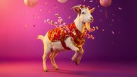 White goat wearing ornate red and gold traditional costume with decorative elements dancing against vibrant pink purple gradient background with confetti.