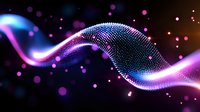 Glowing wave of particles with pink and blue neon lights flowing in dark space, abstract digital art background with bokeh effect and luminous dots.