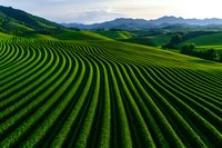 Aerial view of vibrant green agricultural terraces with curved parallel lines stretching across rolling hills and mountains, creating a mesmerizing pattern in rural countryside.