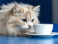 Fluffy long-haired cat with blue eyes examining white cup and saucer on blue surface, curious feline investigating beverage setup for pet care or animal lifestyle content.