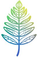 Stylized gradient leaf with symmetrical pattern in blue, green and yellow tones on white background, isolated design element for nature-themed projects.