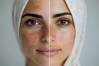 Close up portrait of young woman wearing white hijab showing skin before and after freckles removal treatment, beauty concept comparison photo.