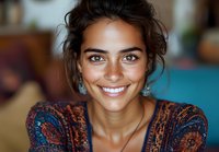 Young mixed race woman with radiant smile wearing ethnic style embroidered top and turquoise earrings against blurred interior background.