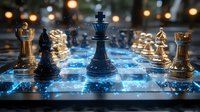 Chess pieces on glowing digital board with blue energy effects, black king centered among golden pieces against blurred bokeh lights background.
