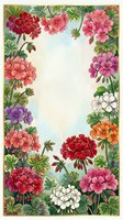 Vintage watercolor geranium floral frame with colorful blooms in pink, red, purple, and white, surrounding a soft pastel center for text or design.