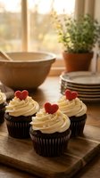 Chocolate cupcakes with vanilla frosting and red heart decorations on wooden board in cozy kitchen setting for Valentine's Day celebration and romantic occasions.