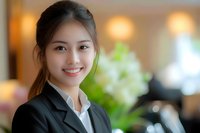 Young Asian businesswoman in formal attire smiling warmly at camera in office environment with soft bokeh background and natural lighting.