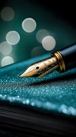 Luxury fountain pen with golden nib on turquoise glitter background with bokeh lights, macro photography capturing elegant writing instrument details.