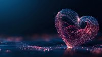 Glowing heart shape formed by connected dots and lines floating above reflective surface with pink and blue light particles creating romantic atmosphere.