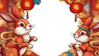 Two adorable rabbits in traditional Chinese New Year costumes with red lanterns and golden decorations creating festive frame on white background.