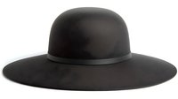 Classic wide-brim black felt hat with round crown and ribbon band isolated on white background, suitable for fashion and accessory design projects.