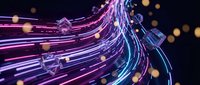 Glowing neon light trails with bokeh particles flowing across dark background, representing digital data transfer, technology networks, and futuristic connectivity concepts.