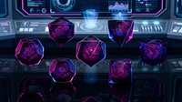 Neon glowing polyhedral dice set with purple and magenta light effects on futuristic digital interface background for gaming, tabletop RPG, and fantasy content creation.