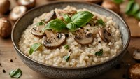 Creamy mushroom risotto garnished with fresh basil leaves in rustic gray bowl, served on wooden table with scattered ingredients and herbs.