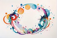 Vibrant watercolor circular composition with splashes of orange, blue, and pink forming dynamic orbital pattern. Abstract fluid art with colorful spheres and paint splatters.