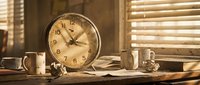 Vintage alarm clock on wooden desk with coffee cups and papers in warm sunlight through window blinds creating cozy morning workspace atmosphere.