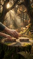 Hands arranging wooden letter blocks spelling LEARN and GROW on moss-covered log in enchanted forest with golden sunlight filtering through ancient trees.