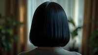 Back view of Asian woman with straight black bob haircut looking at window with blurred curtains and plants in background, moody atmospheric lighting.