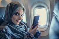 Middle Eastern woman wearing hijab smiling while using smartphone on airplane, sitting by window during flight. Natural lighting creates peaceful travel atmosphere.