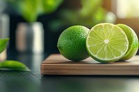 Fresh lime fruits on wooden cutting board, whole and halved with juicy pulp visible, against dark background with soft natural lighting and bokeh effect.
