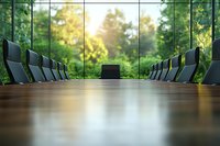 Modern empty conference room with large windows overlooking green forest, wooden table and black chairs, natural light creating peaceful atmosphere.