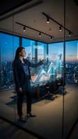 Professional businesswoman analyzing growth chart on digital display in modern office with city skyline view at dusk for corporate presentations.