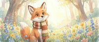 Adorable cartoon fox wearing striped scarf sitting in enchanted forest clearing with colorful wildflowers and tall trees in soft watercolor style.