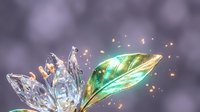 Crystal lotus flower with iridescent green feather and golden sparkles on soft purple bokeh background for meditation and spiritual wellness designs.