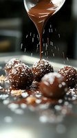 Melted chocolate dripping onto dark chocolate truffles dusted with coconut flakes, creating an indulgent dessert scene with dramatic lighting and splash effects.