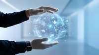 Businessman hands protecting glowing digital brain with network connections representing artificial intelligence and data protection in modern office environment.